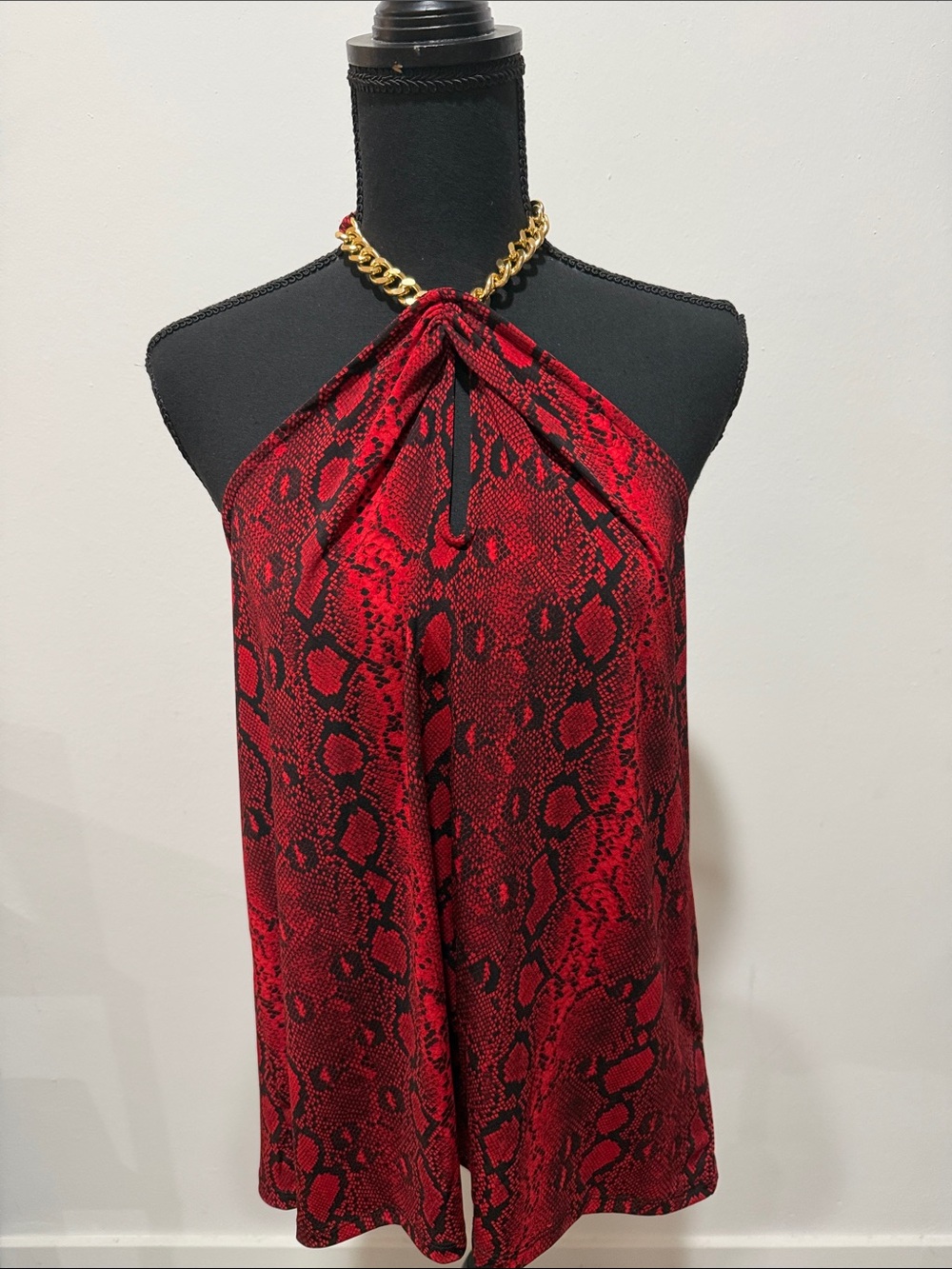 Michael Kors Red Snake-Print Halter Camisole with Gold Chain